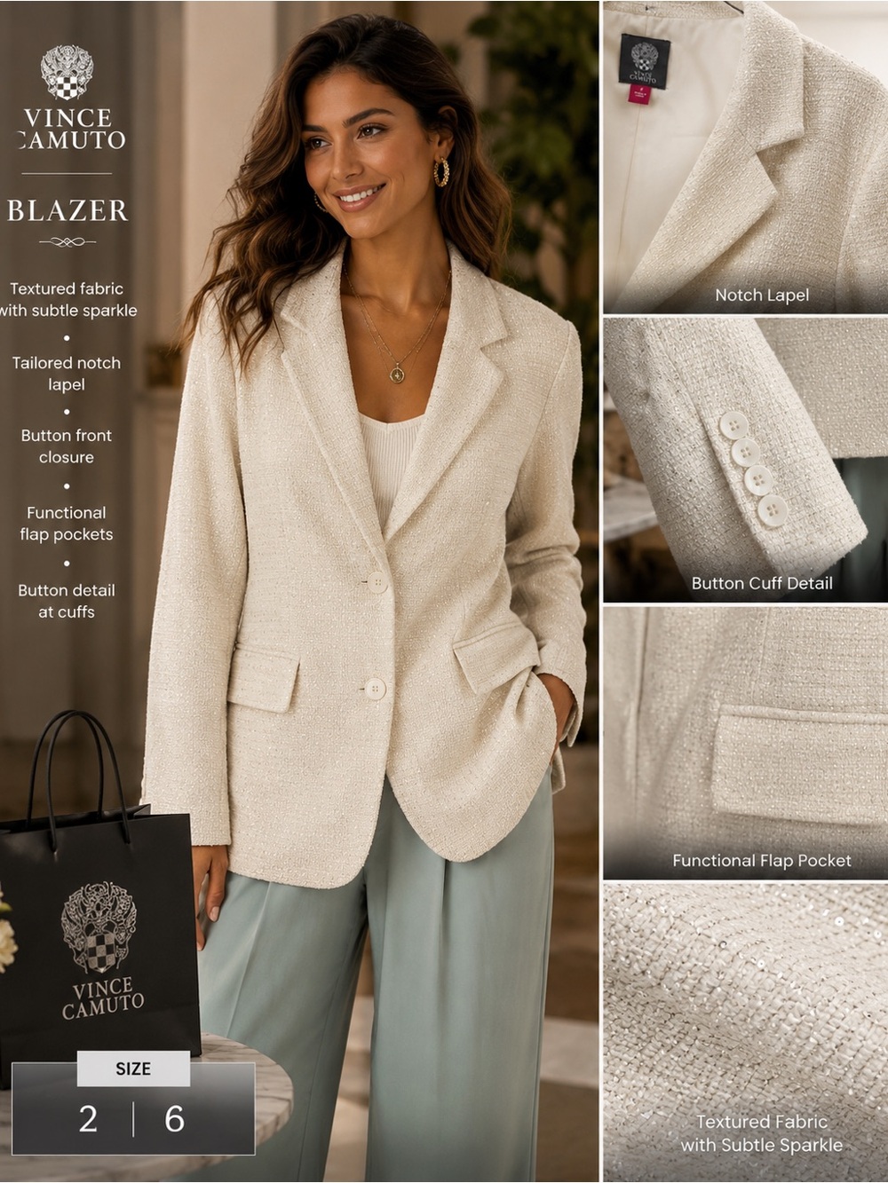 Vince Camuto Cream Sparkle Textured Blazer